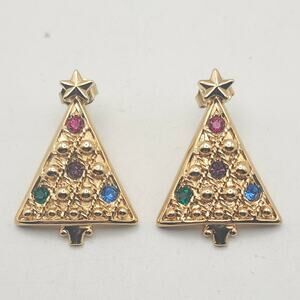 Vintage Avon Christmas Tree Stud Earrings Gold Tone Multicolor Rhinestone Star